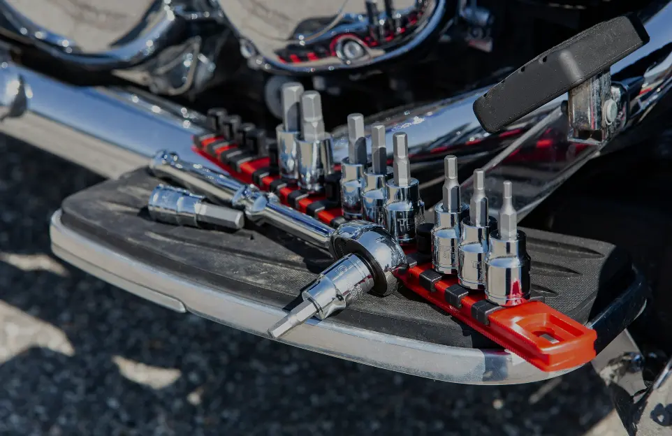 A close-up of a set of socket wrench tools organized